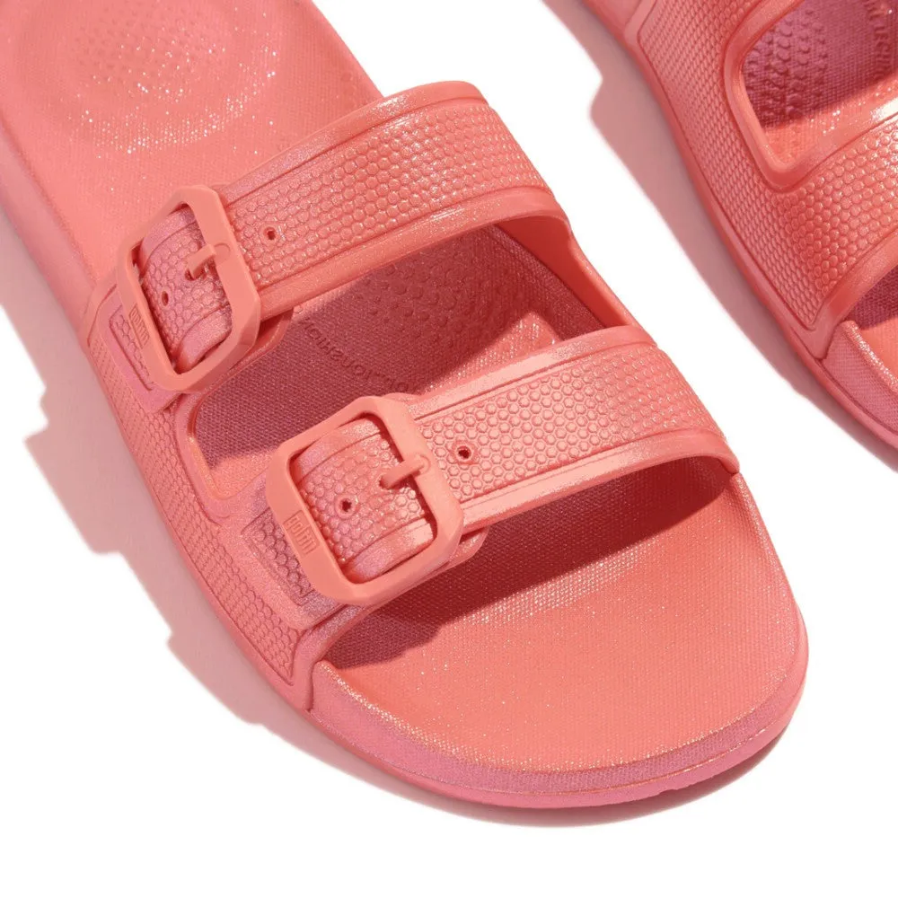 FitFlop iQushion Pearlized Two Bar Buckle Slides Coral