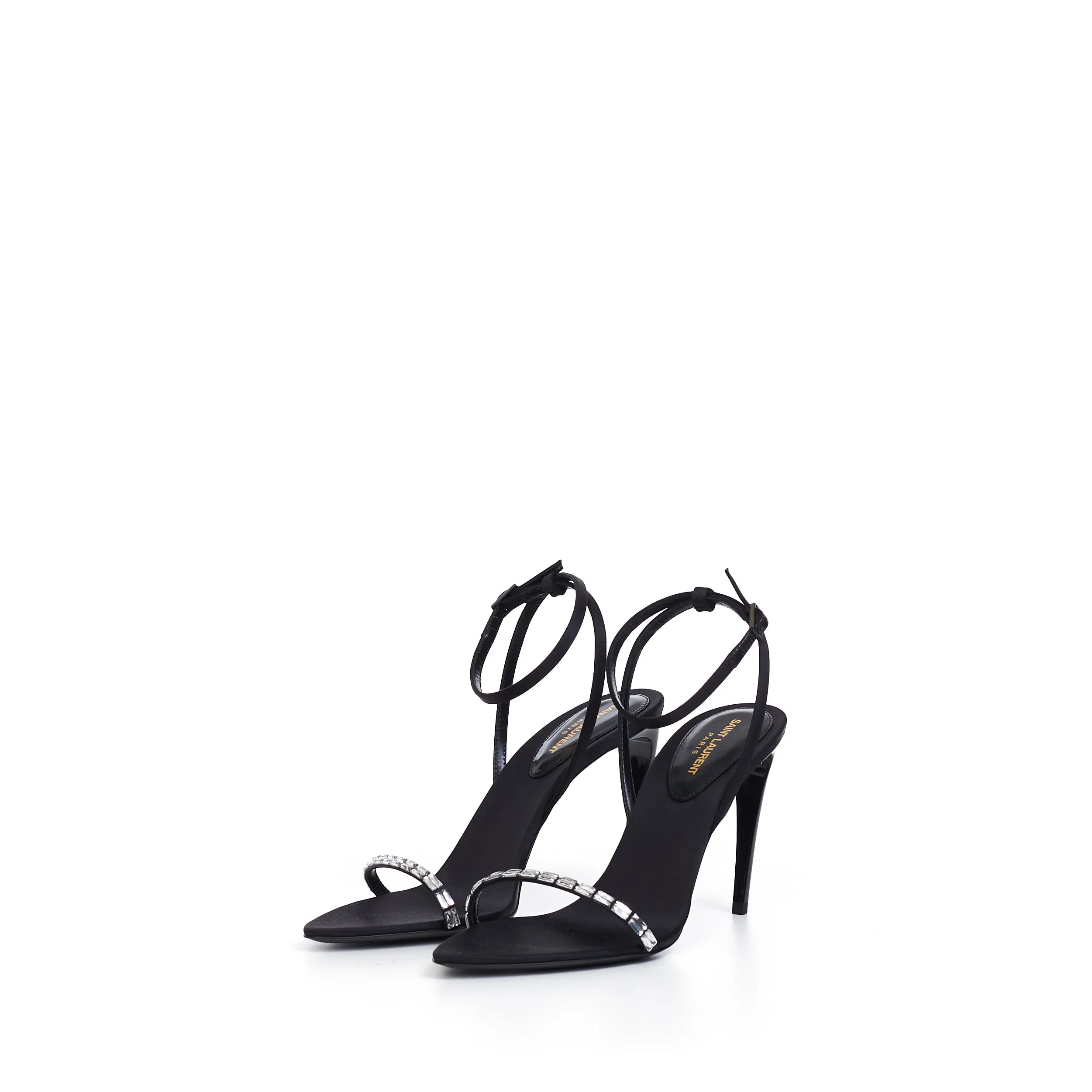 Gloria Sandals In Black Crepe Satin With Rhinestones