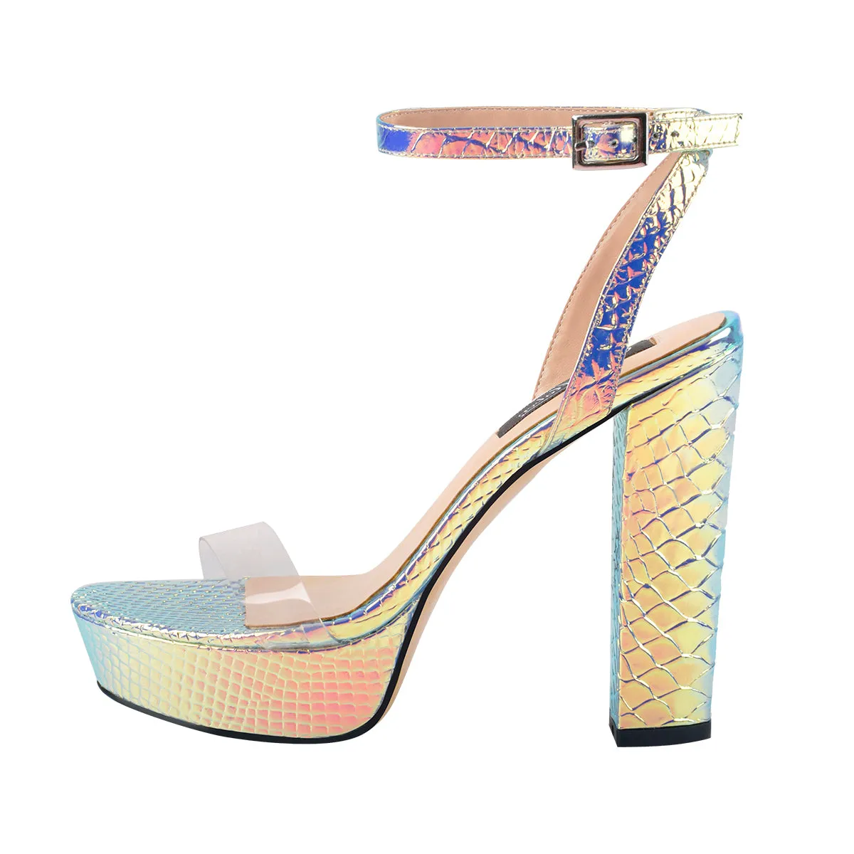 Iridescent Snake Print Platform Chunky Heels Sandals