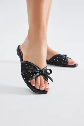 Kaylena Rhinestone Bow Sandals - Black