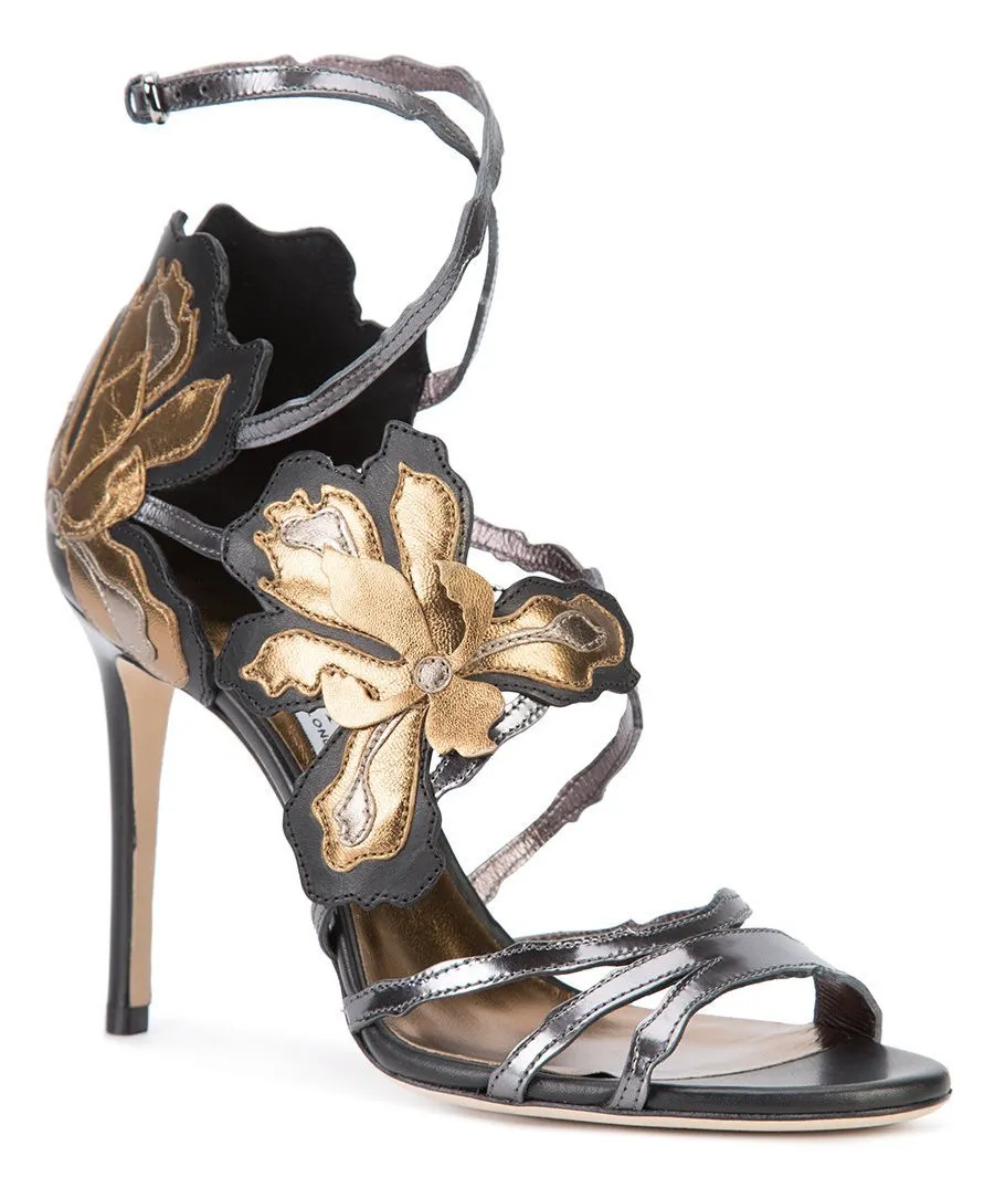 'Lolita' Floral Sandals, Black and Gold