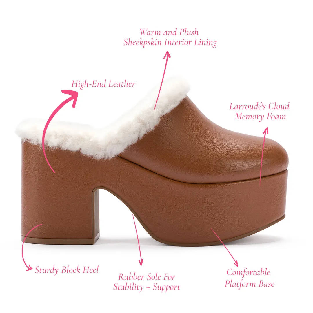 Miso Platform Clog In Caramel Leather and Natural Shearling