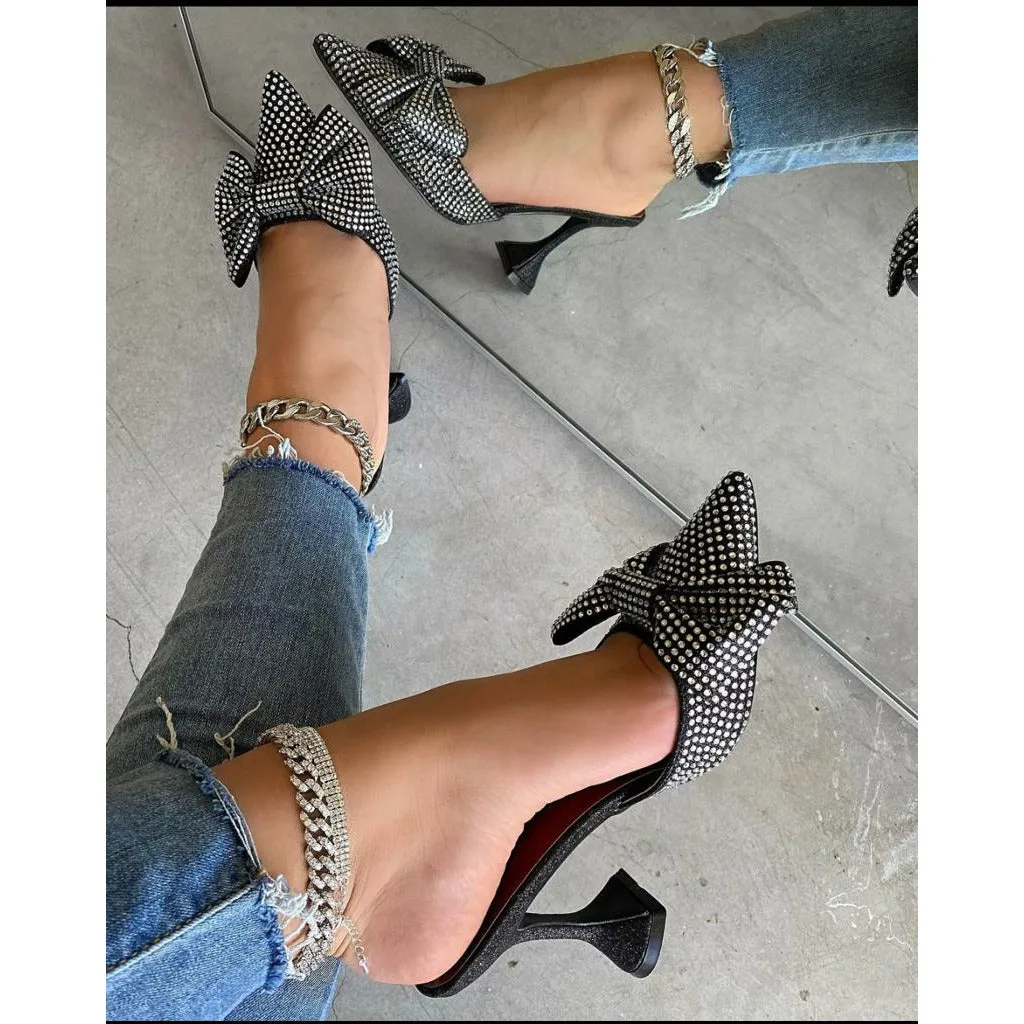 Pointed Bow Crystal Sandals