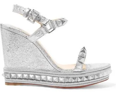 'Pyraclou' 110 Spiked Metallic Textured-Leather Wedge Sandals