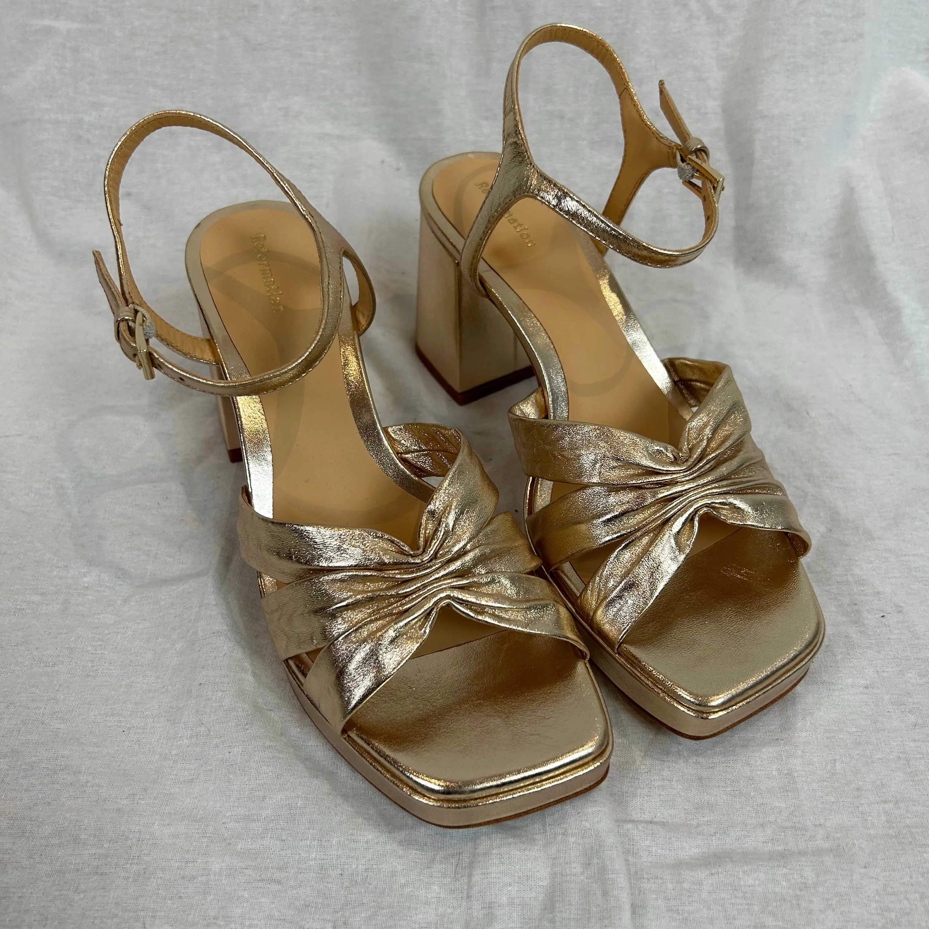 Reformation Brand New Gold Leather Block Heel Sandals 37.5