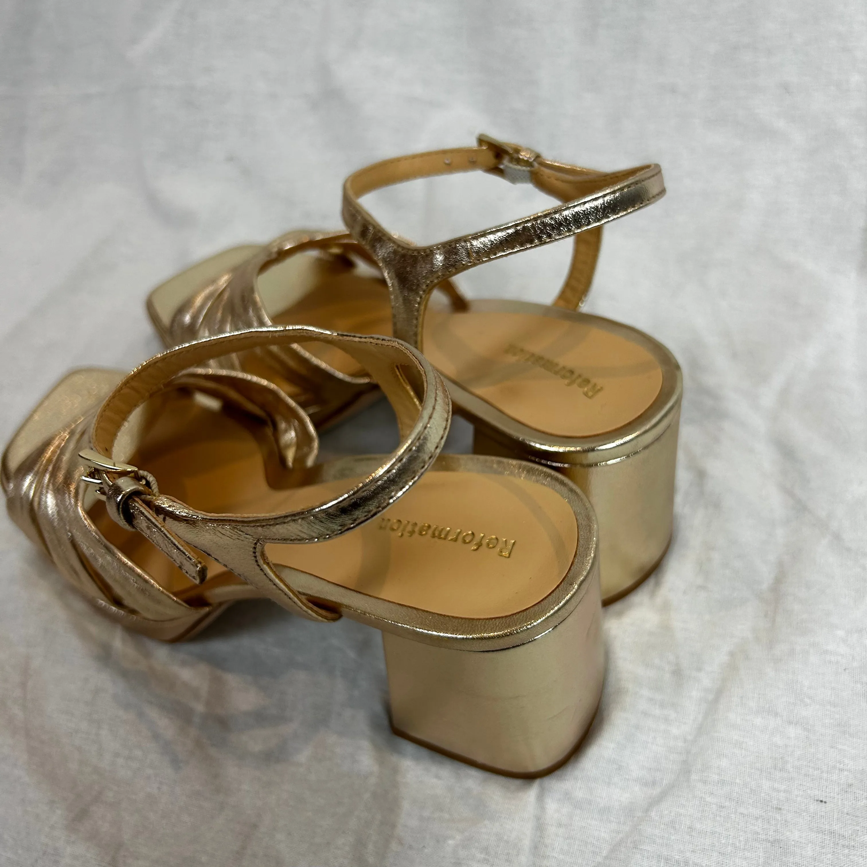 Reformation Brand New Gold Leather Block Heel Sandals 37.5