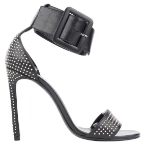 Saint Laurent Black Calfskin Leather Jane 106 Studded Ankle Buckle Stiletto Heel Sandals - 39