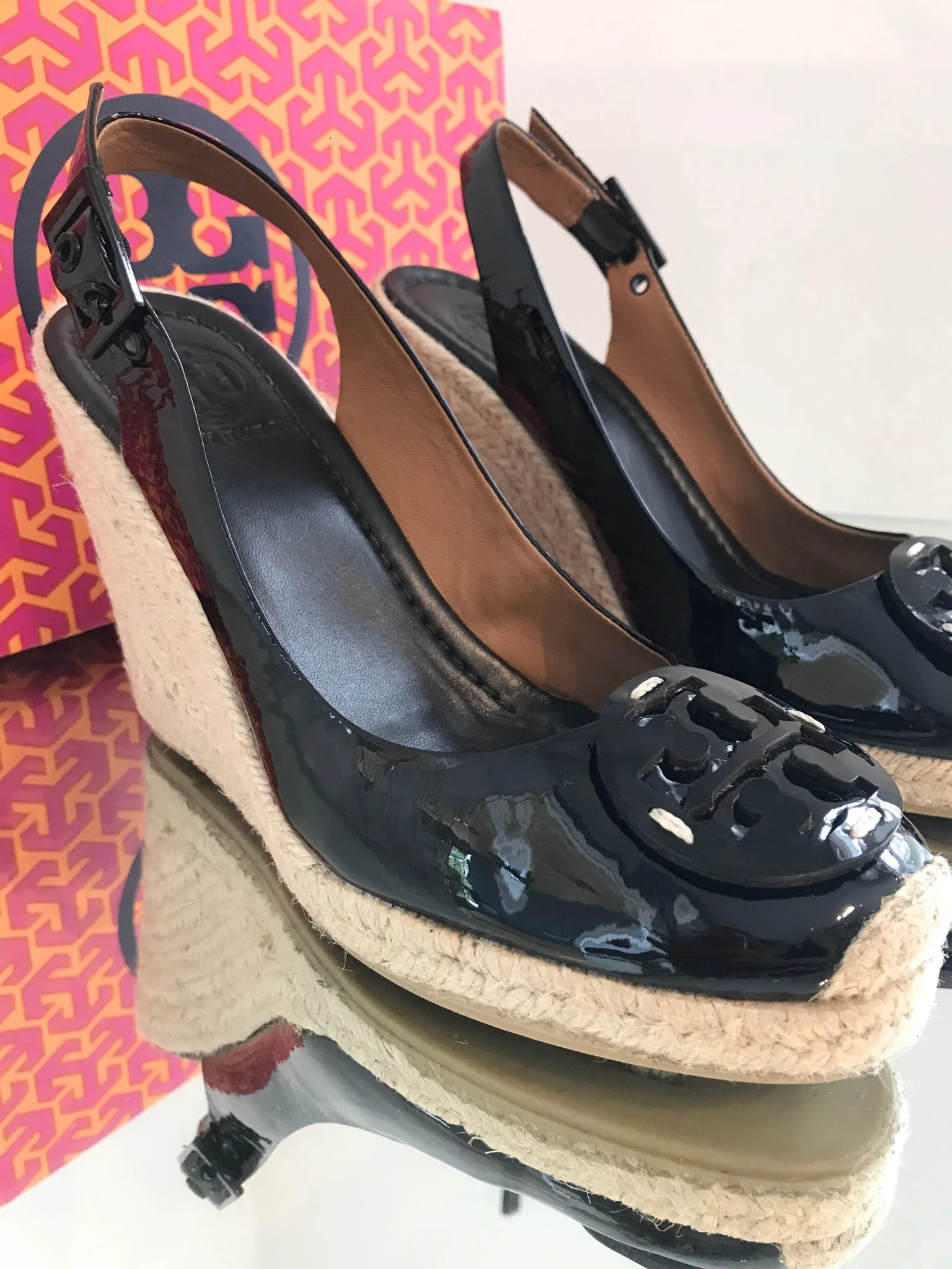 TORY BURCH Patent Leather Espadrille Wedge Sandals