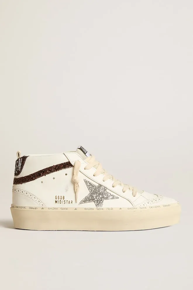 White Leather Platform Mid Star Sneaker With Glitter Trims