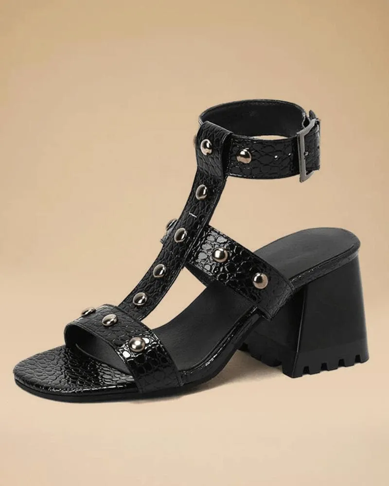 Women's Elegant Rivet Adjusting Buckle Block Heel Sandals