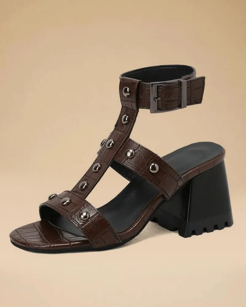 Women's Elegant Rivet Adjusting Buckle Block Heel Sandals